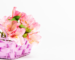 bouquet of pink flowers alstroemeria in basket