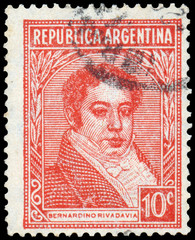 Stamp printed in the Argentina shows Bernardino Rivadavia