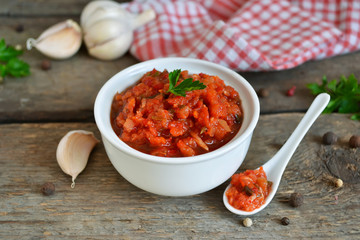 Natural homemade tomato sauce and hot pepper  
