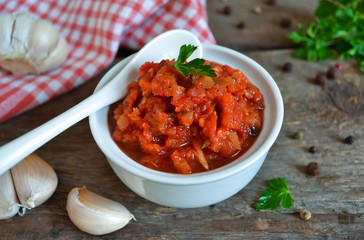 Natural homemade tomato sauce and hot pepper  