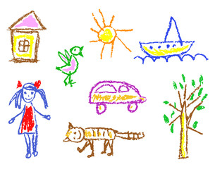 Wax crayon kid`s drawn girl, house, bird, cat, sun, car, tree, ship isolated on white. Child`s drawn colorful pastel chalk vector design elements. Set of kid`s painting objects.