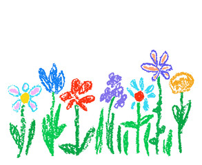 Obraz premium Wax crayon kid`s drawn colorful flowers isolated on white. Child`s drawn pastel chalk blooming flowers set. Cute of kid`s painting spring flowering meadow. Vector hand drawing background banner.