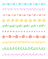 Set of colorful cute ornament stripes. Wax crayon chalk hand drawn patterned background. Group of fun hand drawing vector pattern. Pastel chalk child's hand drawn design elements.