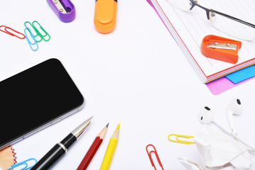 Office Supplies pen, pencil and smart phone