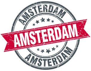 Amsterdam red round grunge vintage ribbon stamp
