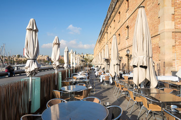 Restaurant in front the Palau de Mar, an old trade warehouses and the last one from old storehouses in the old industrial port of Barcelona. Today it is part of the Museu de Historia de Catalunya
