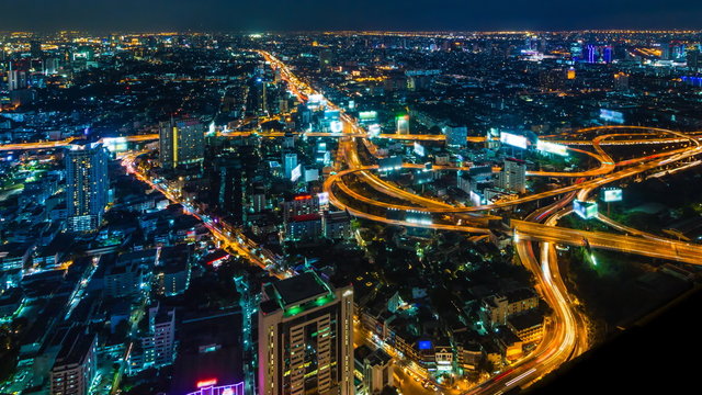 Time Lapse Night Cityscape Of Bankok City, Thailand