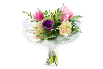 Obraz premium flowers in cellophane with a wooden herat shape, text happy valentine's day