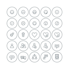 Set of Vector Thin Line Social Icons. Emoticons, Gender Sign, User Profile, Message
