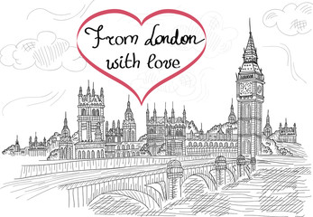 Big Ben tower in London. Vector illustration of popular attraction. Sketch illustration on the white background. Beautiful landscape of sightseeing. Clock tower with bridge. Palace of Westminster