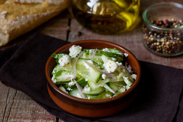 Cucumber salad with feta cheese, shallots, mint