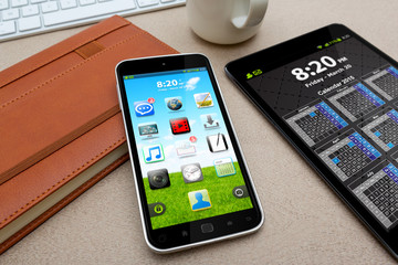 Workplace with modern mobile phone