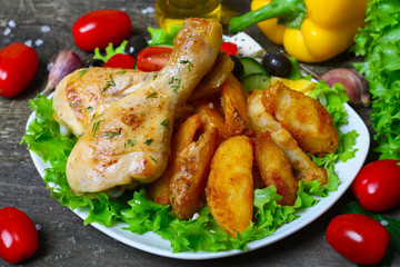 roasted chicken legs with potatoes with Greek salad on wooden background with vegetables