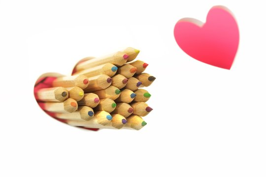 Love Concept. Color Pencls, Two Love Heart, White Background