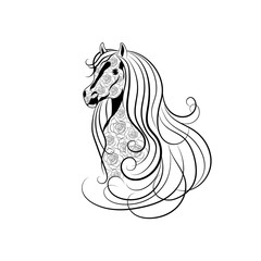 Vector illustration of Horse head decorated with floral pattern in black and white style.