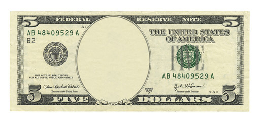 Blank 5 dollar banknote isolated on white background - obrazy, fototapety, plakaty