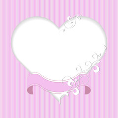 Vintage frame in shape of a heart with ribbon and plant pattern on pink background.