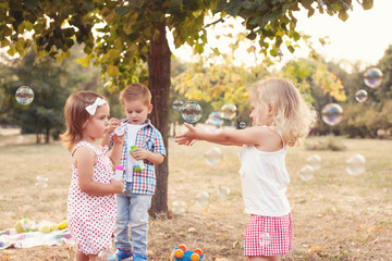 Toddlers playing with bubbles at the park