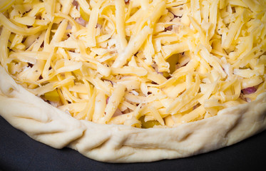 Unprepared pizza with grated cheese. Toned