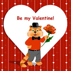 Be my Valentine lettering card with cute ginger cat holding a nice flower on love background.
