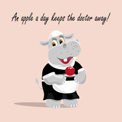 Vector illustration with a cute hippo waiter holding an apple on a plate. An apple a day keeps  the doctor away lettering.