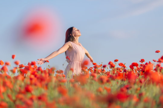 Girl at blooming poppy field