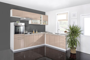 Interior of a modern kitchen, wooden furniture, simple and clean