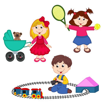 children play with toys - vector illustration, eps