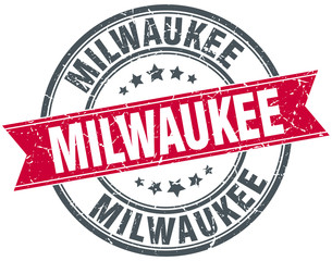Milwaukee red round grunge vintage ribbon stamp