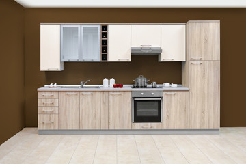 Modern kitchen, wooden furniture, simple and clean.