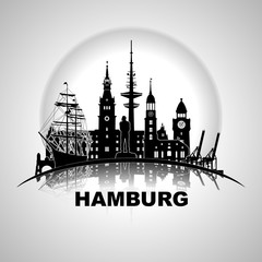 Hamburg Wandtatoo rund Hansestadt Silhouette Kullisse Schiff Kran Fernseturm Rathhaus Kirche Landungsbrücke Elbbrücke