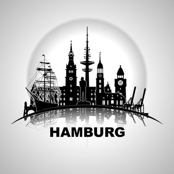 Hamburg Wandtatoo rund Hansestadt Silhouette Kullisse Schiff Kran Fernseturm Rathhaus Kirche Landungsbr&uuml;cke Elbbr&uuml;cke