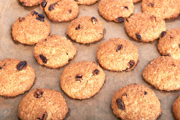 Homemade cookies on baking sheet close up