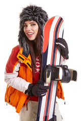 woman standing with snowboard isolated on white