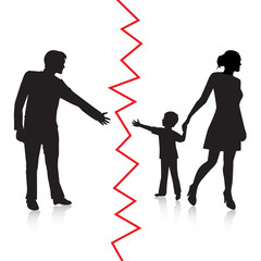 silhouette of a man reaching to his young child, but the mother removes the child to the other side and is separated from the father