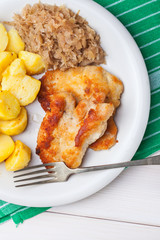 Fried chicken breast fillet on a white plate.