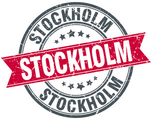 Stockholm red round grunge vintage ribbon stamp