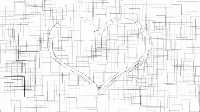 Outline heart symbol appears on abstract hatched black and white animated background. Valentines day artistic background.