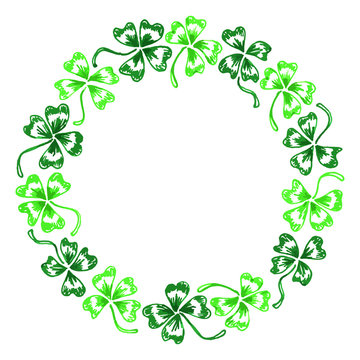 Doodle green clover shamrock circle wreath Saint Patrick's Day vector line art isolated