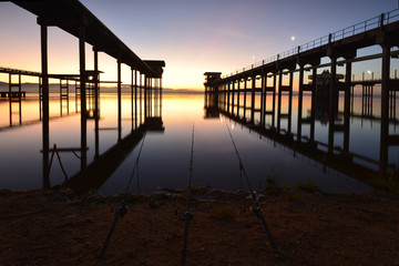 The landscape of concrete bridge For pumping station reservoir area Background sunrise