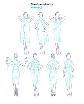 Transformer dresses women clothes and accessories, hand drawn instruction how to wear a universal dress