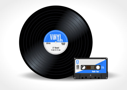 Gramophone vinyl LP record and music cassette with blue label. Long play album disc 33 rpm and compact audio tape - realistic retro design, vector art image illustration isolated on white background
