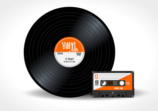 Gramophone vinyl LP record and music cassette with orange label. Long play album disc 33 rpm and compact audio tape - realistic retro design, vector art image illustration isolated on white background