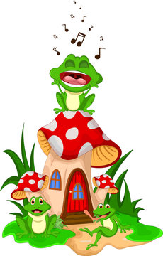 Funny frog singing on mushroom