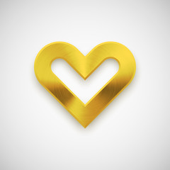 Gold abstract heart sign badge, Valentines day blank button template with metal texture, chrome, steel, silver, realistic shadow and light background for web, apps. 14th february. Vector illustration.