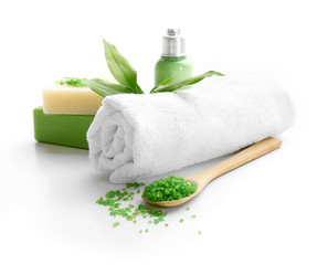 Naklejka premium Relaxing spa set on white background, close up