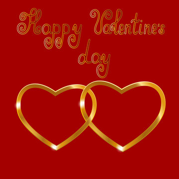 Golden hearts on a red background with handwritten inscription - happy Valentine's day
