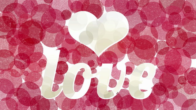 White Love inscription and heart symbol on red background forms by abstract animated round blobs. Valentines day artistic background.