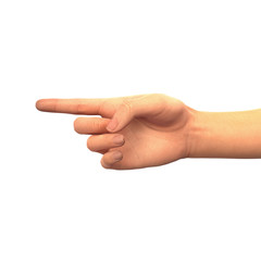 Finger pointing left, human hand isolated on white background