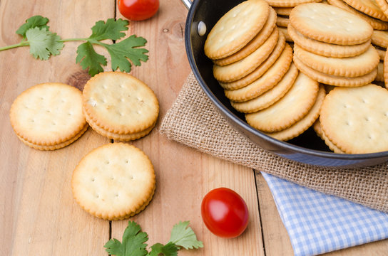 Crackers biscuits on burlap sack background